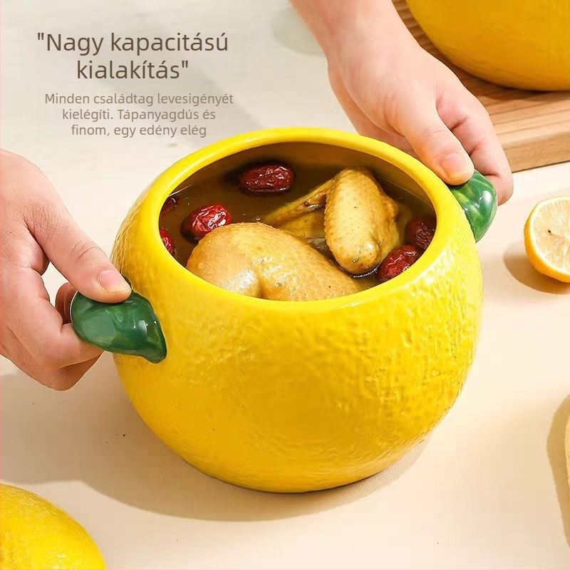 Citrom-stílusú kerámia levesestál fedővel, nagy kapacitású, kétfogantyúval, tészta- és levesek számára