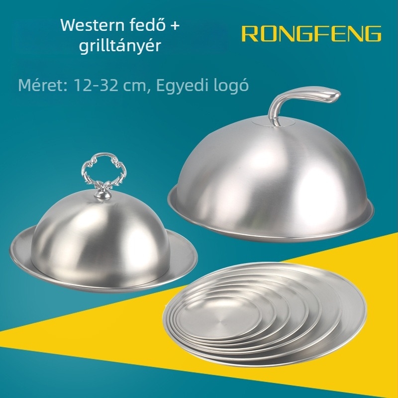 Aranyozott rozsdamentes acélból készült fedél nyugati stílusú steakhez és vaslapos tálhoz, kerek ívelt felső résszel, magas fedél, 12–32 cm, Rongfeng.