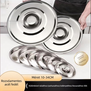 Rozsdamentes acélból készült univerzális kör alakú fedél, 10–34 cm, fűszertartó üvegekhez, olajhordóhoz, kis lábasokhoz és tálakhoz.