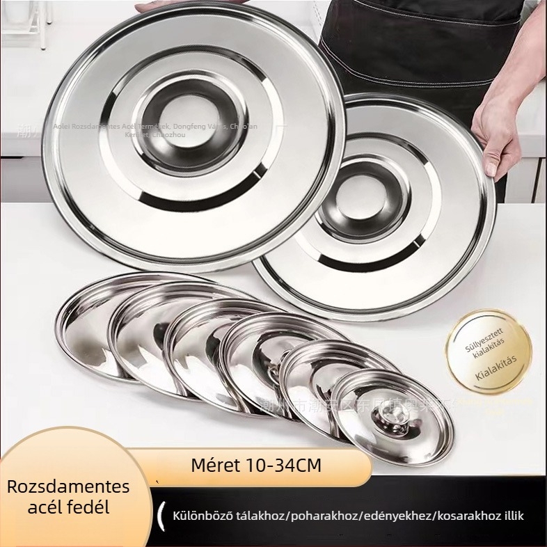 Rozsdamentes acélból készült univerzális kör alakú fedél, 10–34 cm, fűszertartó üvegekhez, olajhordóhoz, kis lábasokhoz és tálakhoz.
