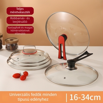 Univerzális fedő serpenyők és wokokhoz, edzett üveg, rozsdamentes acél, sík fedő, tapadásmentes