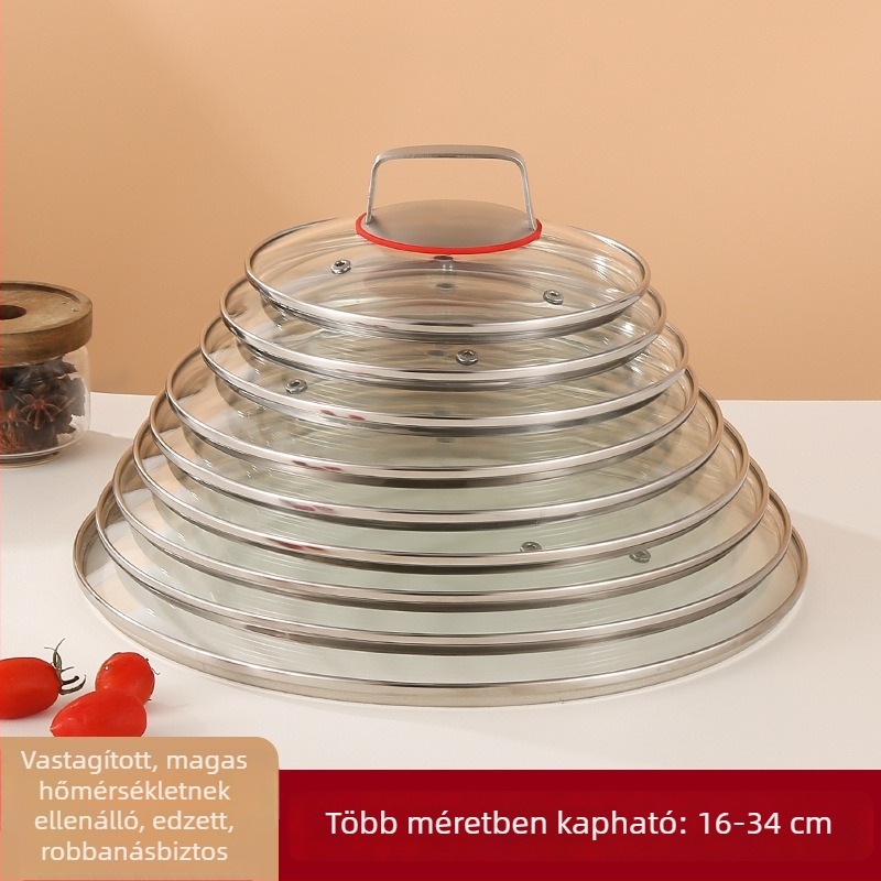 Univerzális fedő serpenyők és wokokhoz, edzett üveg, rozsdamentes acél, sík fedő, tapadásmentes