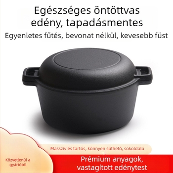 Fedő nélküli öntöttvas edény 26 cm – kettős funkciójú fazék, pörkölt és serpenyő, indukciós főzőzőlappal kompatibilis