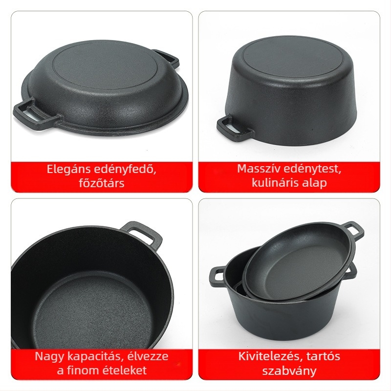 Fedő nélküli öntöttvas edény 26 cm – kettős funkciójú fazék, pörkölt és serpenyő, indukciós főzőzőlappal kompatibilis