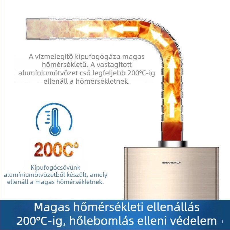 Gáztűzhelyes vízmelegítőhöz tartozó ívelt kivezetőcső teleszkópos hosszabbítóval – merev földgáz kilépőcső