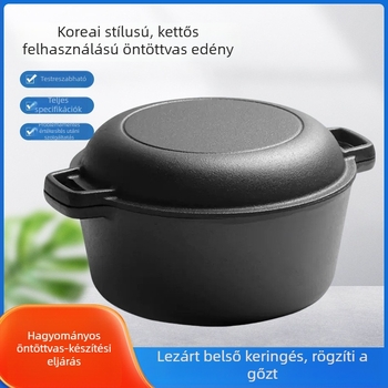 26 cm-es öntöttvas Dutch oven kétfülű fogantyúval, többfunkciós sütéshez, pirításához és levesekhez, bevonat nélkül