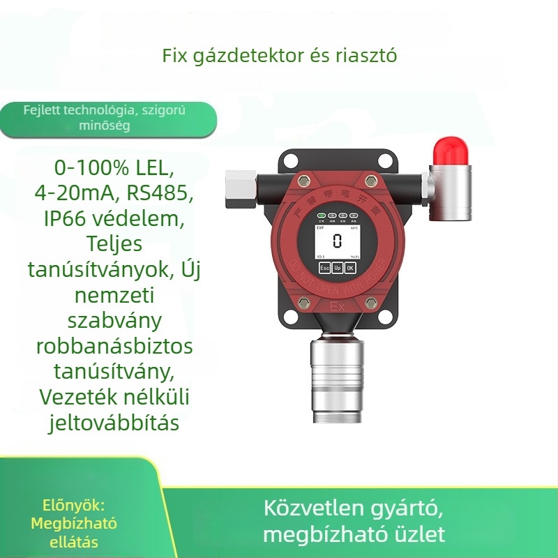 Rögzített vezeték nélküli riasztó gyúlékony gázok csővezetékéhez üzemanyag-töltőállomásokon, éttermekben és konyhákon