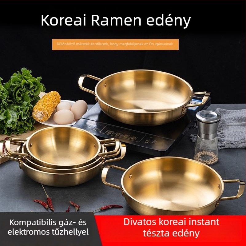 Koreai stílusú rozsdamentes acél leveses edény, dupla fogantyúval, sík aljzattal, egy személyes tészta- és tengeri étel készítésére (1.1–2 L)