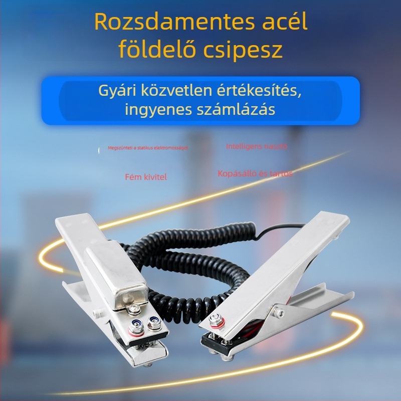 Elektrosztatikus földelőcsipesz, 304 rozsdamentes acélból, robus hang- és fényriasztóval
