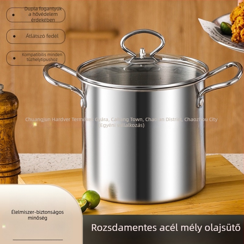 Rozsdamentes acélból készült mély fritőz, nagy kapacitású, magas és mély kialakítású, szűrőkosárral a sütéshez, nyársakhoz tervezve