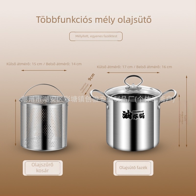 Rozsdamentes acélból készült mély fritőz, nagy kapacitású, magas és mély kialakítású, szűrőkosárral a sütéshez, nyársakhoz tervezve