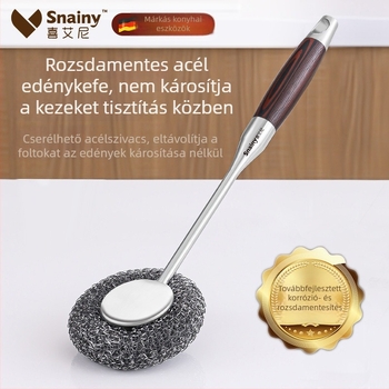 Hosszú nyelű rozsdamentes acél konyhai tisztítóecset, nem karcolja meg a fazekakat, és nem hullanak szálak