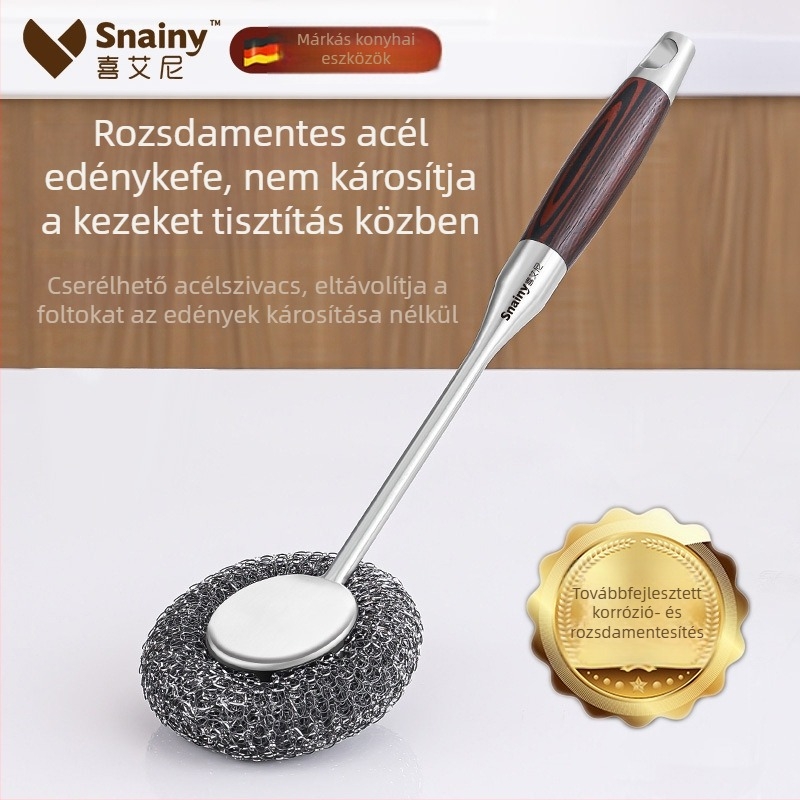 Hosszú nyelű rozsdamentes acél konyhai tisztítóecset, nem karcolja meg a fazekakat, és nem hullanak szálak