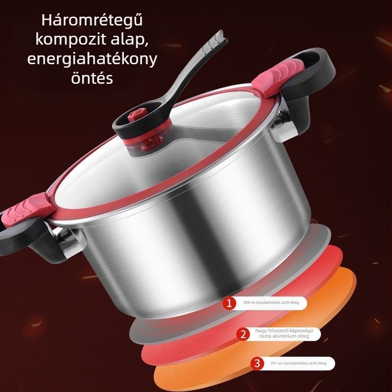 Rozsdamentes acélból készült mikronyomású, többfunkciós háztartási leveses edény, indukciós főzőlaphoz és gáztűzhöz egyaránt alkalmas, nagy kapacitás.