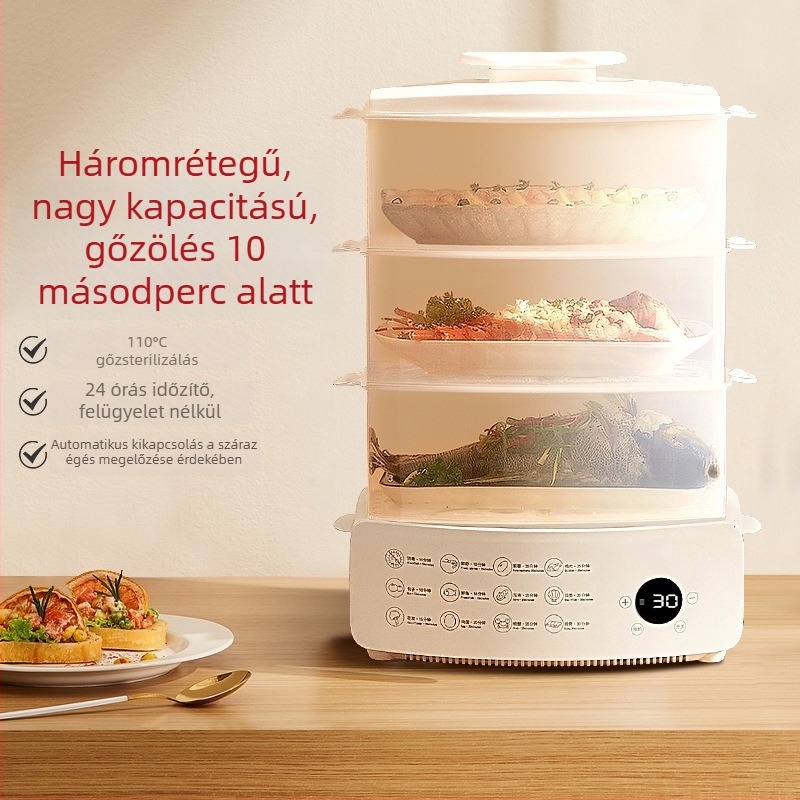 Elektromos gőzölő, háromszintes, 12 literes kapacitás, automatikus kikapcsolás