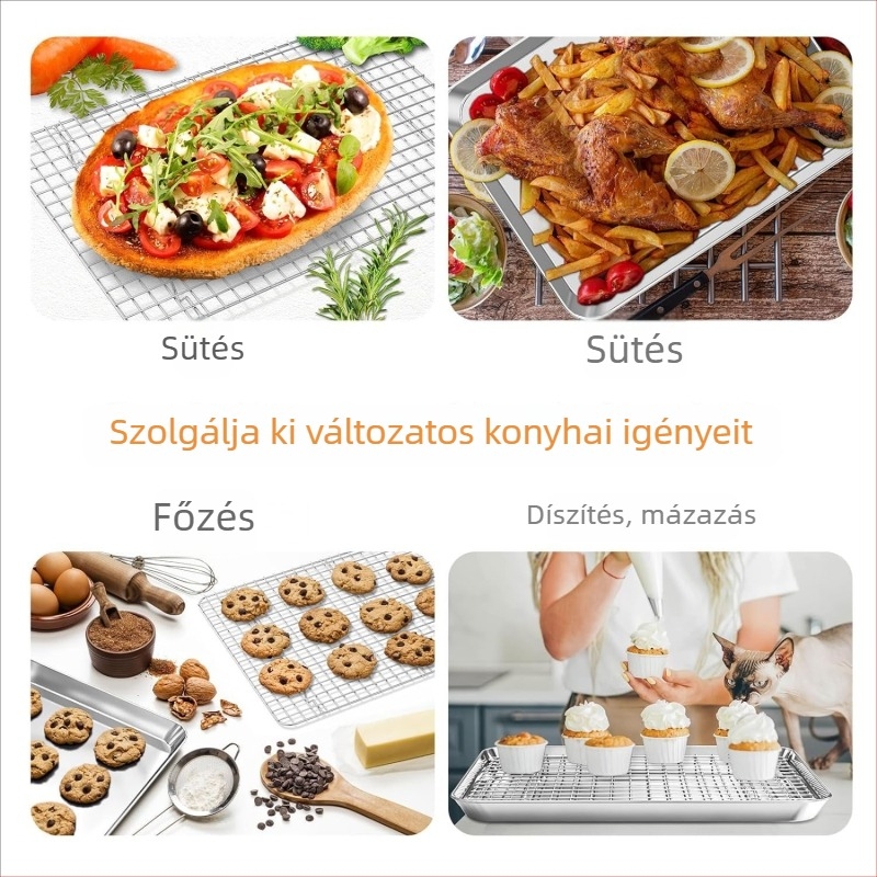 Rozsdamentes acél sütőedény készlet, sík, hűtőrácsos, 304-es négyzet alakú tál, többfunkciós sütőedény