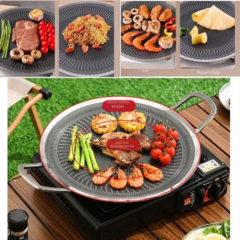 Vastagított kültéri grillserpenyő és koreai BBQ fazék, rozsdamentes acél, kompatibil indukciós tűzhellyel, kettős használat