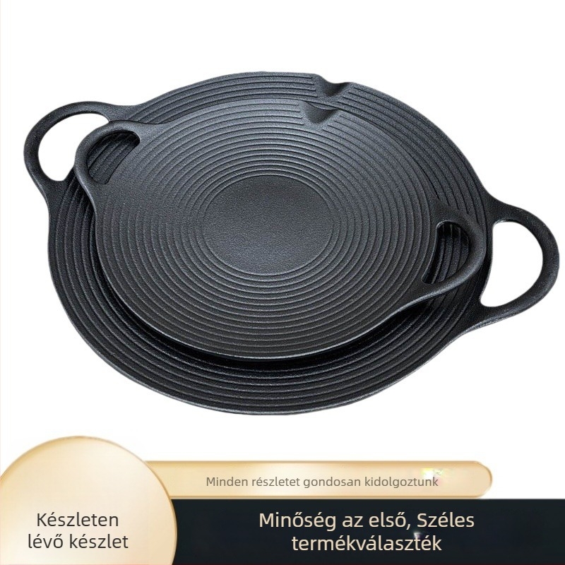 Bevonat nélküli öntöttvas grillserpenyő, csavaros dupla fogókkal, konkáv húsgrill, kültéri koreai stílusú barbecue-hoz