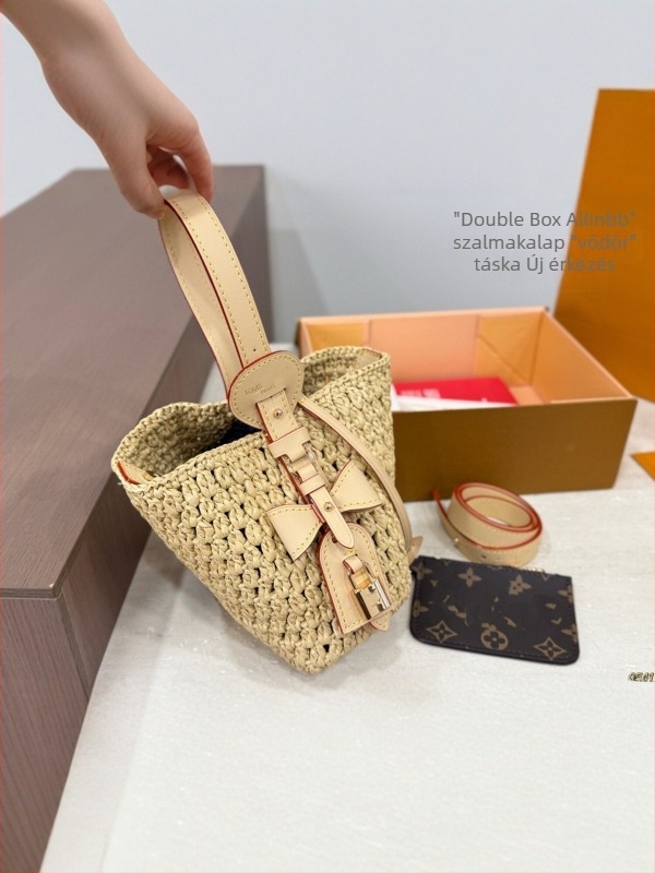 2025-ös új modell női szalma vödör táska, mini méretű, nyári fonott váll- és keresztpántos táska, strandkiegészítő
