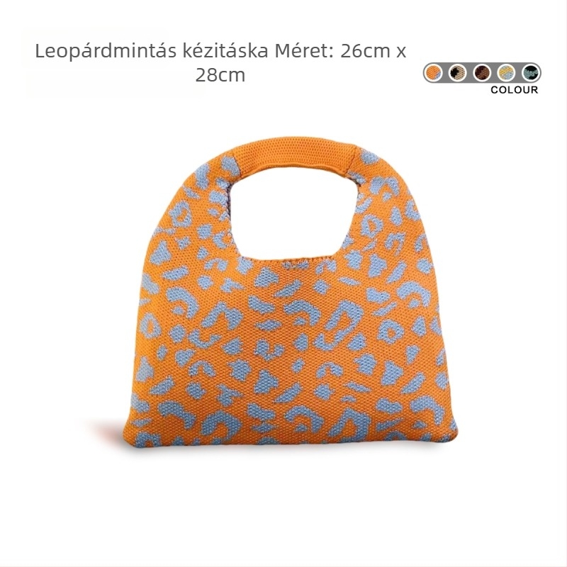 Leopárd mintás kötött és horgolt kézitáska, kisméretű ovális forma, Mori stílus