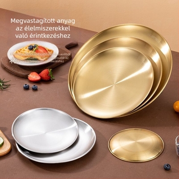 Rozsdamentes acélból készült kör alakú tál, ezüst színű tál koreai barbecue-hez, vastagított büfés tál éttermeknek, kültéri kempinges ebédtál, átmérő 14 cm