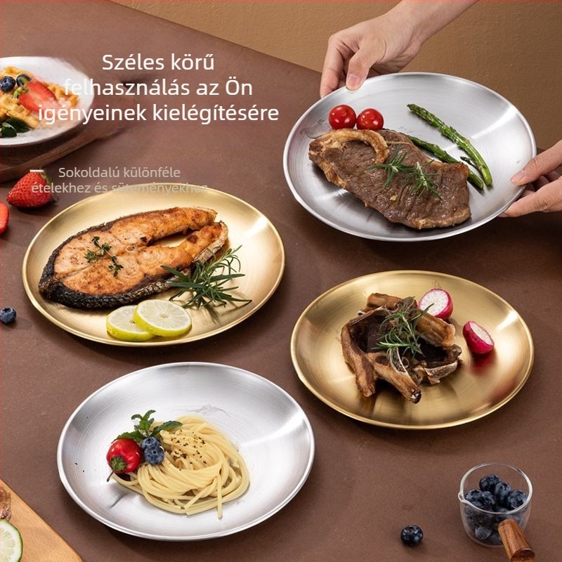 Rozsdamentes acélból készült kör alakú tál, ezüst színű tál koreai barbecue-hez, vastagított büfés tál éttermeknek, kültéri kempinges ebédtál, átmérő 14 cm