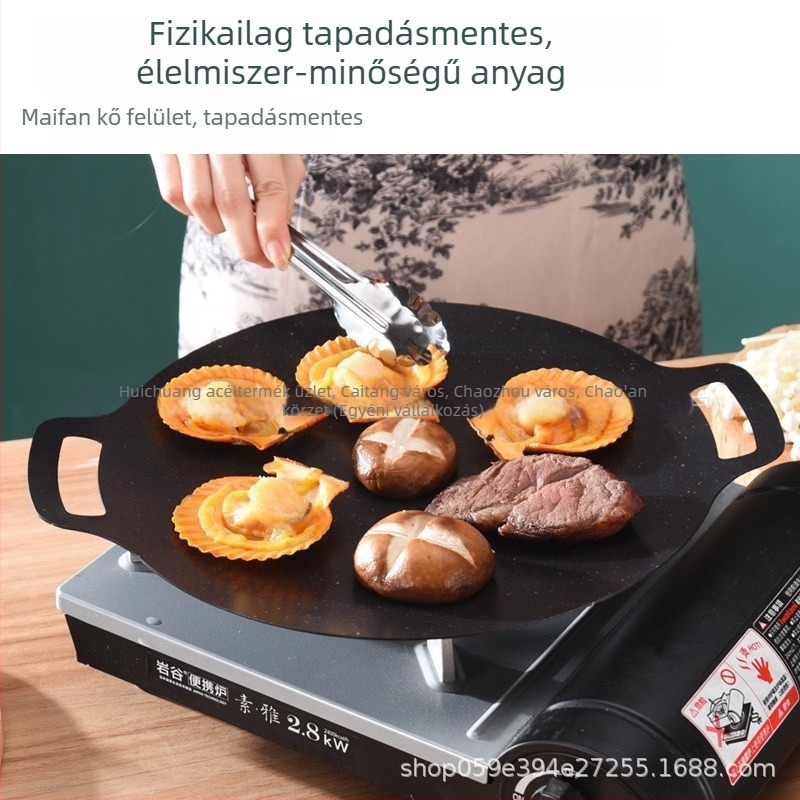 Kerek mullit kőből készült grillserpenyő szabadban táborozáshoz, hordozható, tapadásmentes koreai stílusú barbecue tál