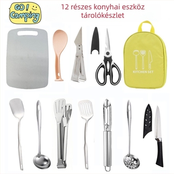 Kültéri rozsdamentes acél konyhai eszközök 12 részes készlet tároló tasakkal, hordozható kempingezéshez és grillezéshez