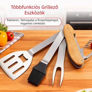 Négy az egyben grill eszköz készlet: klipsz, kefével, villával és lapáttal - rozsdamentes acél, hordozható kültéri grill-készlet