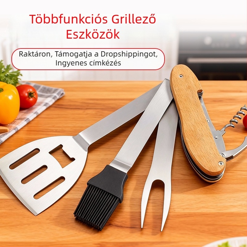 Négy az egyben grill eszköz készlet: klipsz, kefével, villával és lapáttal - rozsdamentes acél, hordozható kültéri grill-készlet