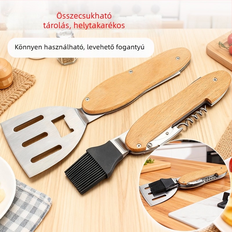 Négy az egyben grill eszköz készlet: klipsz, kefével, villával és lapáttal - rozsdamentes acél, hordozható kültéri grill-készlet