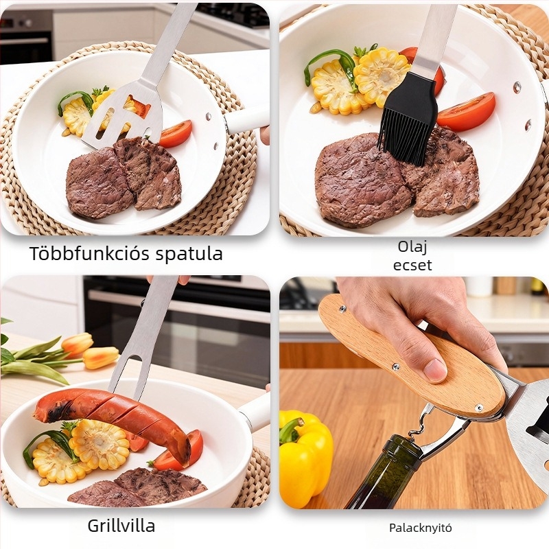 Négy az egyben grill eszköz készlet: klipsz, kefével, villával és lapáttal - rozsdamentes acél, hordozható kültéri grill-készlet