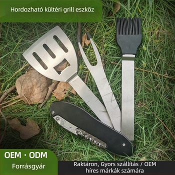 Többcélú összecsukható grillkészlet szabadtéri piknikekhez - villák, spatula, tisztító kefék és rozsdamentes acél eszközök