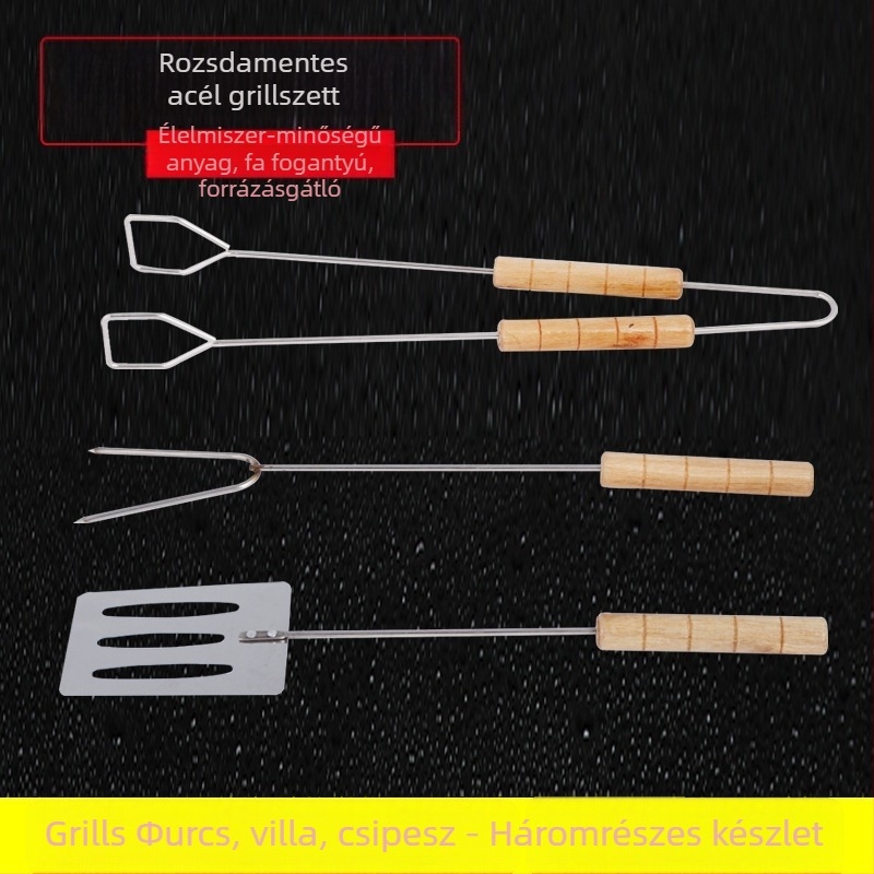 Dongsheng rozsdamentes acél BBQ 3 részes készlet – spatula, fogó és nyársak kültéri grillezéshez