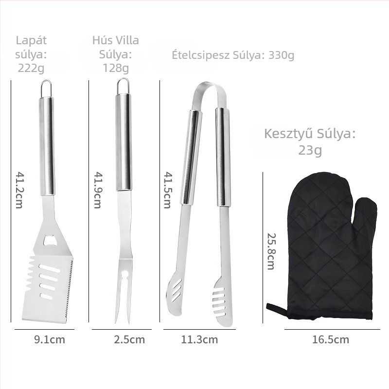 Hat részes kültéri barbecue eszköz készlet csőfogantyúval ellátott kötény