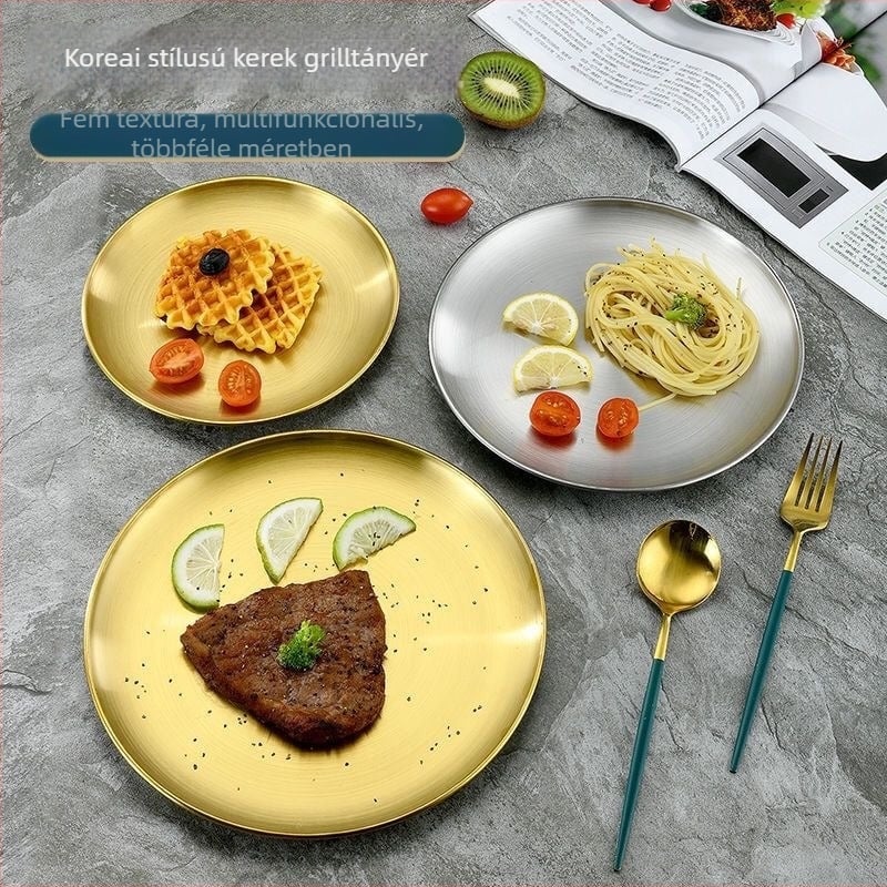 Koreai stílusú, vastagított, kerek rozsdamentes acél tányér matt felülettel, grill-tálca és fém piknik-tál