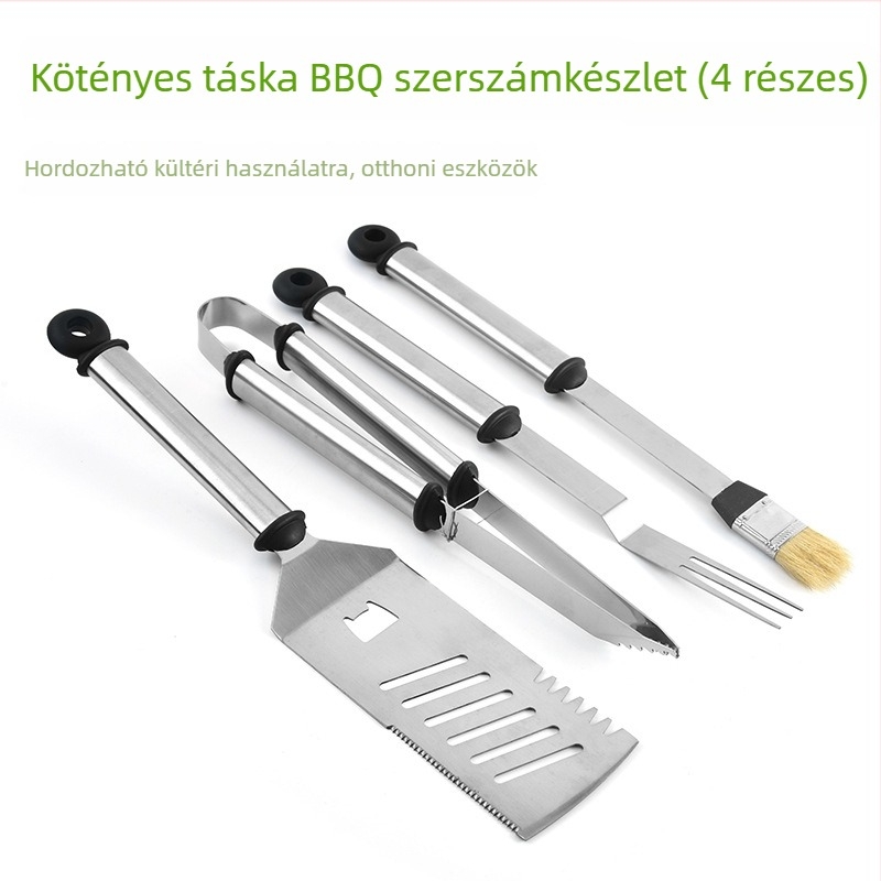 Kültéri hordozható grillszett, 4 darab: kötény táskával, kefével, spatulával és villával