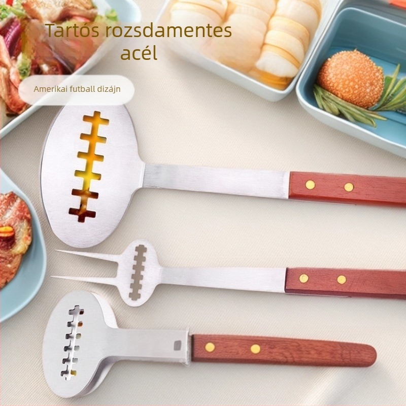 Vörös fa fogantyúval készült rozsdamentes acél BBQ eszköz készlet, amerikai futball-stílus, 3 darab