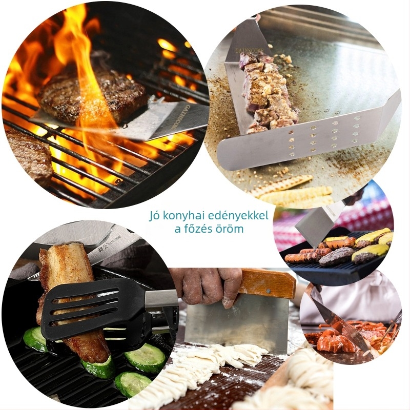 Fa nyelű rozsdamentes acél grill eszközök készlet: spatula, villa és csipesz