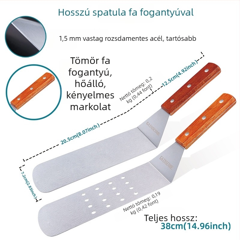 Fa nyelű rozsdamentes acél grill eszközök készlet: spatula, villa és csipesz