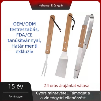 Testreszabott kültéri kemping grillszerszámok három darabból, fa nyéllel: grillvilla, sütőlapát és fogó, rozsdamentes acélból, otthoni használatra