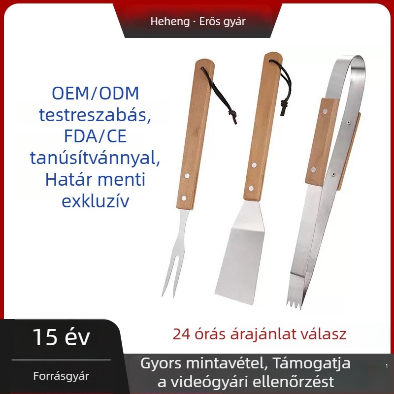 Testreszabott kültéri kemping grillszerszámok három darabból, fa nyéllel: grillvilla, sütőlapát és fogó, rozsdamentes acélból, otthoni használatra