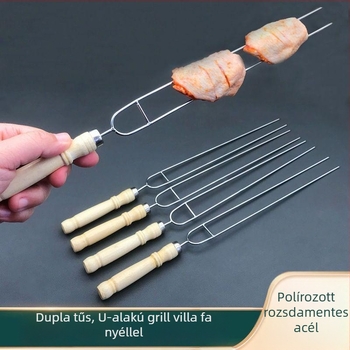 Rozsdamentes acél BBQ villa fab nyéllel, U-formájú csirkeszárny villa, grillezéshez használható nyárs