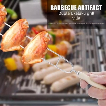 Rozsdamentes acél BBQ villa fab nyéllel, U-formájú csirkeszárny villa, grillezéshez használható nyárs