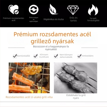 Rozsdamentes acél BBQ villa fab nyéllel, U-formájú csirkeszárny villa, grillezéshez használható nyárs