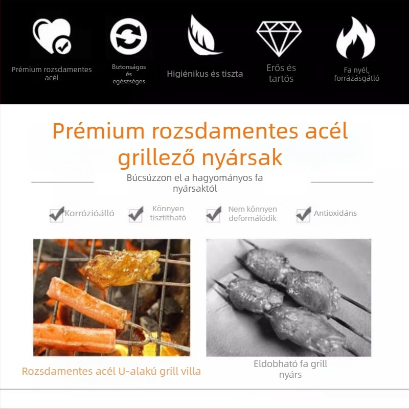 Rozsdamentes acél BBQ villa fab nyéllel, U-formájú csirkeszárny villa, grillezéshez használható nyárs