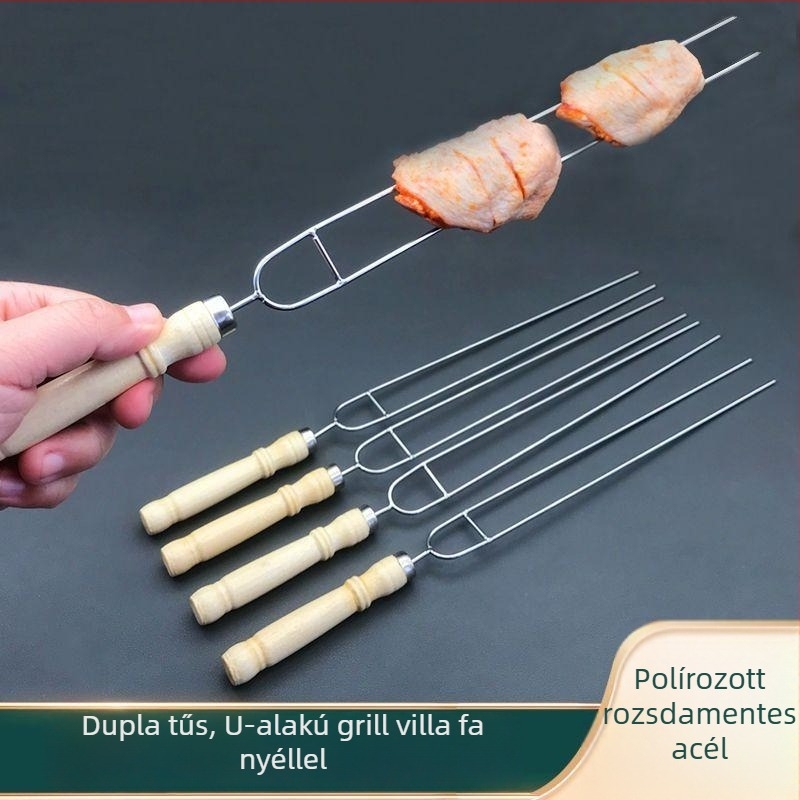 Rozsdamentes acél BBQ villa fab nyéllel, U-formájú csirkeszárny villa, grillezéshez használható nyárs