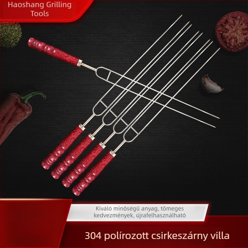 304 rozsdamentes acélból készült nagy U-alakú grillsvilla vastag fa nyéllel, csirkeszárnyakhoz