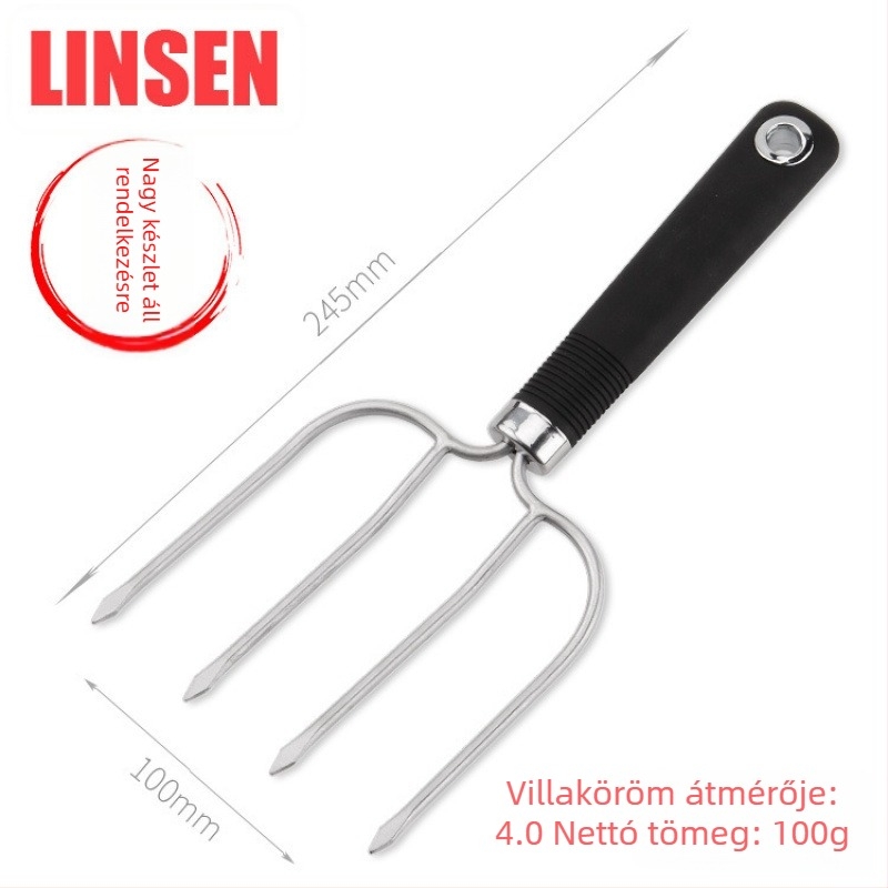 LINSEN Rozsdamentes acél, vastagított, megerősített négyágú grillvilla pulykához és bárányhoz