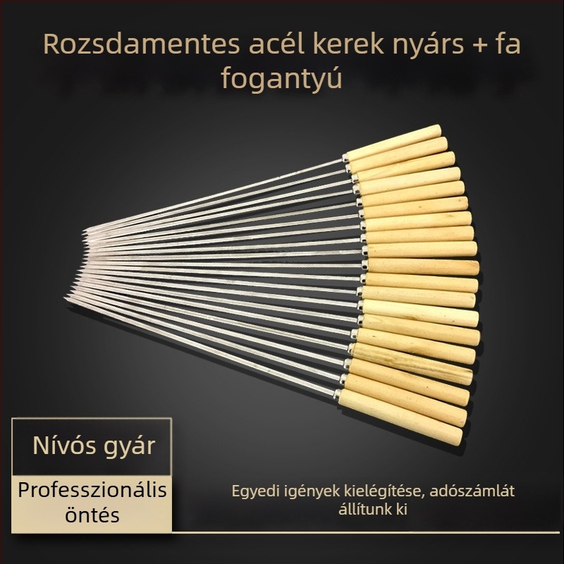 Rozsdamentes acél nyársak fogantyúval grillsütéshez, bárány nyársak és kerek fa nyársak kolbász grillezésére